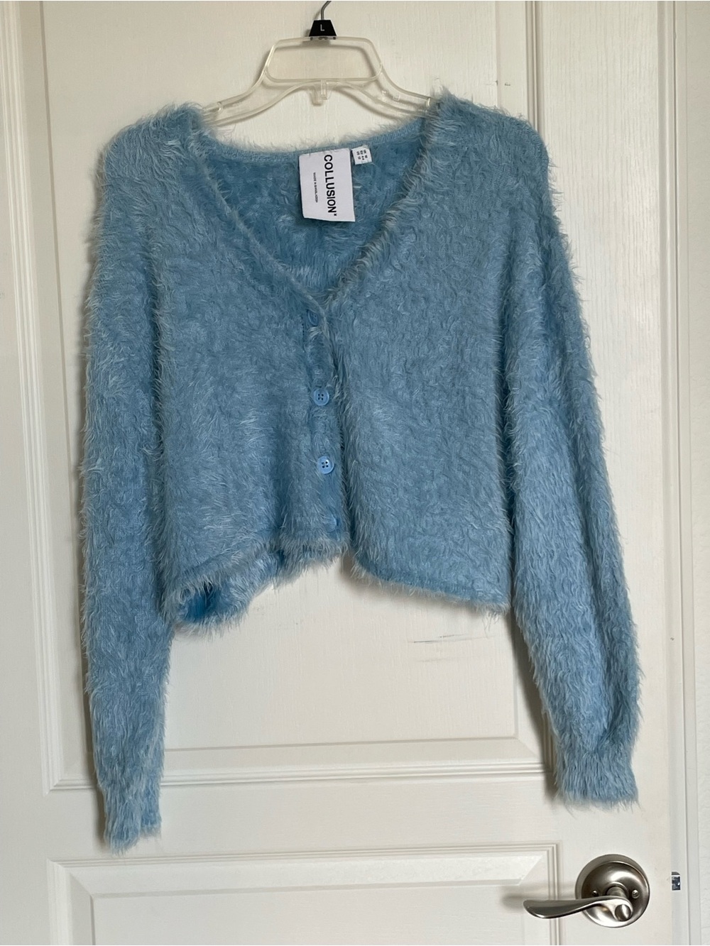 Light Blue Fuzzy Cropped Button Cardigan